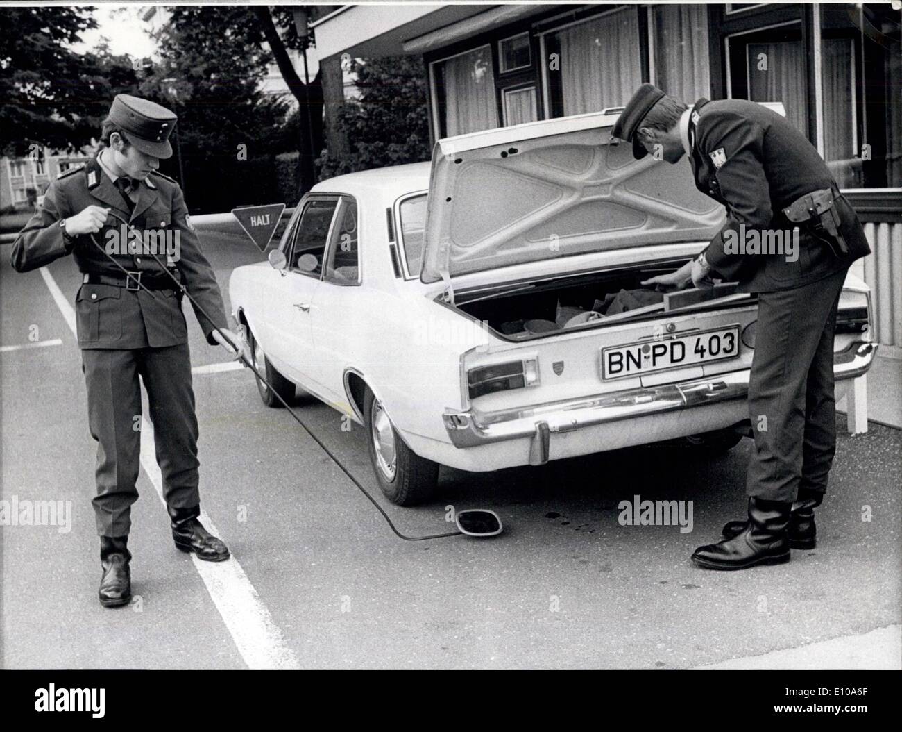 May 30, 1972 - Bomb Attempts in West Germany: A Nationwide search for the terrorists who recently committed 6 bomb attempts, killing 4 people, is going on in West Germany. The Anarchical group called ''Baader- Meinhoff- Gruppe'' that is suspected to have laid the bombs, announced another bomb attempt for June 2nd, in the city of Stuttgart. In a letter they sent to 2 press agencies, they adivse the citizens of Stuttgart to hide in their Cellars between 1 and 2 p.m Stock Photo