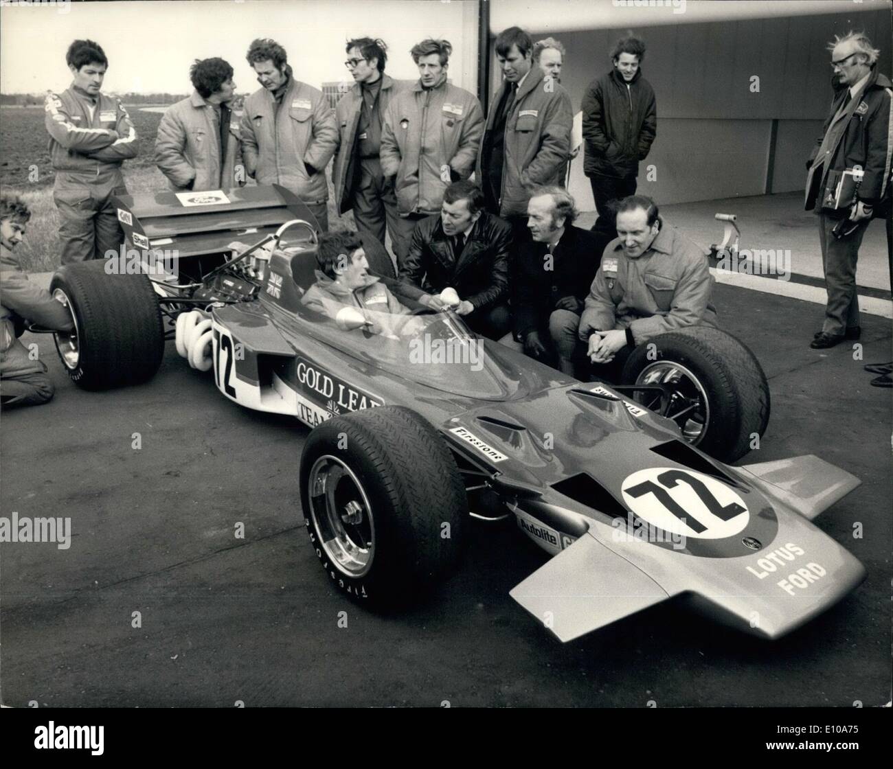 Apr. 04, 1970 - Lotus Unveil Their New 200 M.P.H. Grand Prix Racing Car - The Lotus 72. To contest World Constructors and Drivers Championship Honours during 1970. Team Lotus introduce their new contender, the Lotus 72. This is primarily the work of Maurice Phillippe, the chief designer for Team Lotus and represents a vast step forward in concept from previous Grand Prix cars Stock Photo
