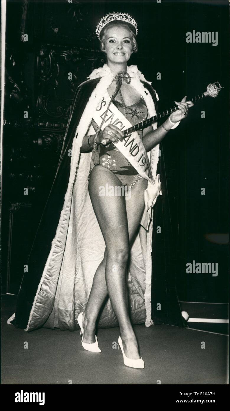 Apr. 04, 1970 - Yvonne is the new Miss England: Blue eyed blonde Yvonne Ormes became the new Miss England last night. Twenty one year old Yvonne, a hairdresser and part time model, from Nantwich, Cheshire, beat 28 other beauties for the title at the contest held at the Lyceum Ballroom in London. Yvonne's prize includes &pound;1,000 and entry into this year's Miss Universe and Miss United Kingdom competitions. Photo shows Yvonne Ormes parades before the cameras after she had been crowned the new Miss England last night. Stock Photo