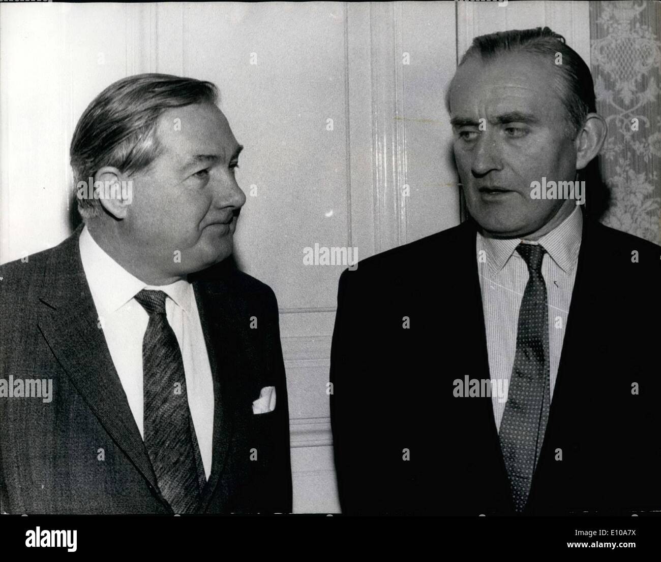 Apr. 04, 1970 - Ulster prime minister meets Britain's home secretary in London. Major Chichester - clard, Northern Ireland prime minster yesterday paid a visit to the home office in London where he met Mr. Callaghan , the British home secretary ,for talks on the situation in Ulster, including the role of the security forces and economics and employment problems. photo shows Major Chichi-ester Clark (left) pictured with Mr. Callaghan at the home office yesterday. Stock Photo