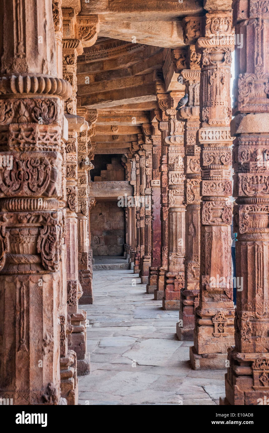 Hindu Columns at Qutb Minar in Delhi India Stock Photo