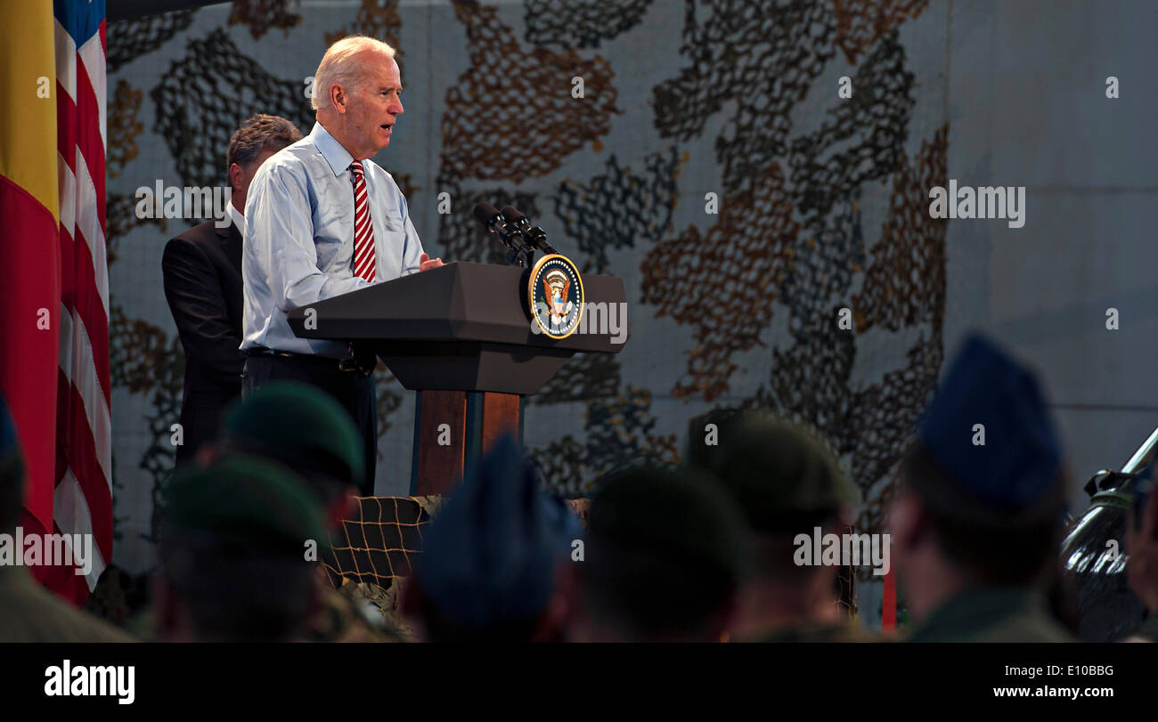 US Vice President Joe Biden speaks to a group of U.S. and Romanian service members May 20, 2014 in Bucharest, Romania. Biden is in Romania to reassure allies of the US commitment to the region. Stock Photo