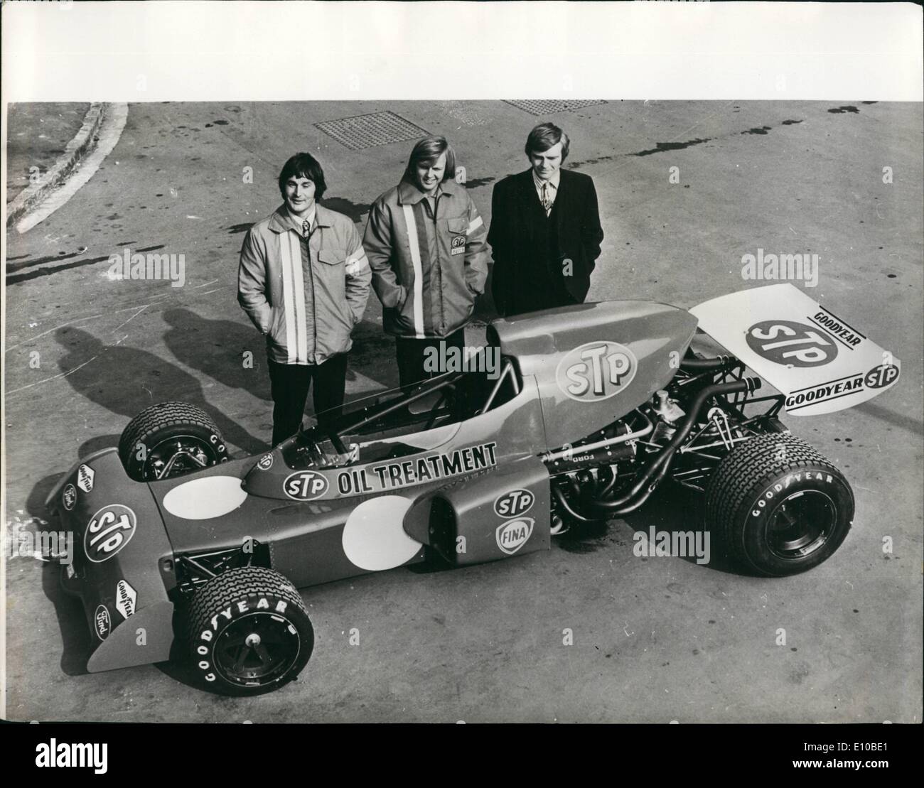 Mar. 03, 1972 - The New British Designed Racing Car March 721X To Make Its Debut At Brands Hatch: A press conference held in the Ford Show rooms in Regent's Street last night the revolutionary new March 721X racing car was unveiled. It is due to make its debut in the Race of Champions when it will be driven by Ronnie Peterson, the  Swedish driver, at Brands Hatch on March 19th, The  March 721X features a number of revolutionary ideas including a safety cockpit. Photo shows (L. to R Stock Photo