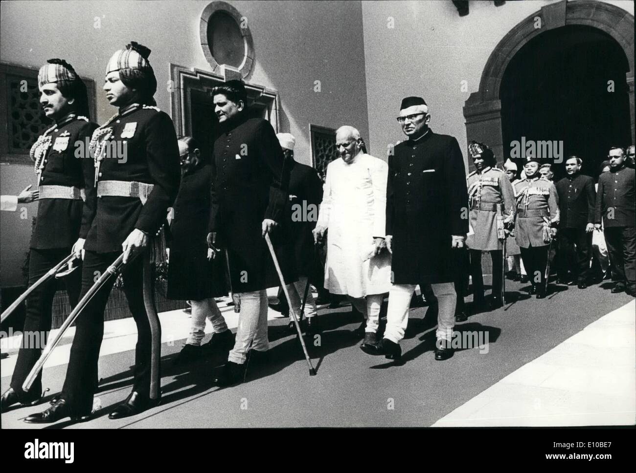Mar. 03, 1972 - President V.V. Giri accompanied with Chairman of Rajya Sabha & Vice President of India Mr. G.S. Pathak (right, third row) and speaker of Lok Sabha (lower house of Parliament) Mr. G.S. Dhilon (partly seen) going in procession to address the joint meeting of both houses of parliament when the budget session of the Parliament began in New Delhi on Monday morning. Stock Photo