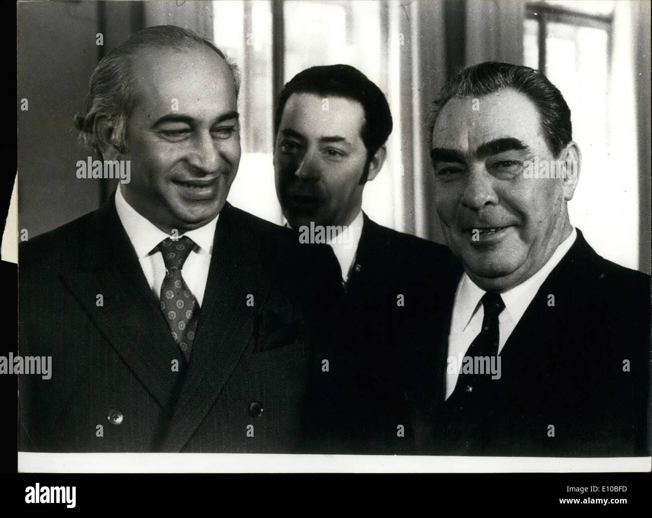 Mar. 03, 1972 - Here is the President of Pakistan Zulfiqar Ali Bhutto and General Secretary of the Central Committee of the Communist Party of the Soviet Union Leonid Brezhnev. Miss Europe Competitors: Vera Marks and Anne Marie Panwels. Stock Photo