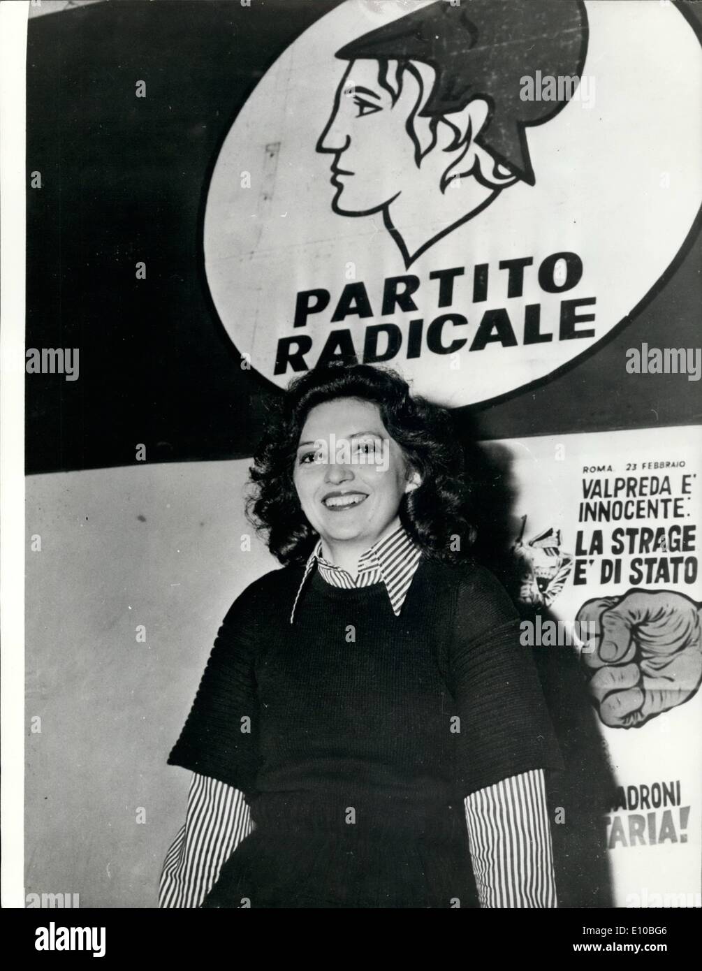 Mar. 03, 1972 - Fashion Mannequin as candidate in Italian election: Annamaria Martini, 25 year old red-headed fashion mannequin, who intends to present herself at the Italian elelction, scheduled for May 7, on the list of the Radical Party, has arrived in Rome from Milan to begin her campaign. Annamaria Martini caused a sensation when she decided to attend at the electoral campaign mainly for the success of nudism in Italy. Her intentions are, if elected to the opening of the camp of nudism in Italy, and for the safeguard of nature, and for the rights of the minorities in Italy Stock Photo