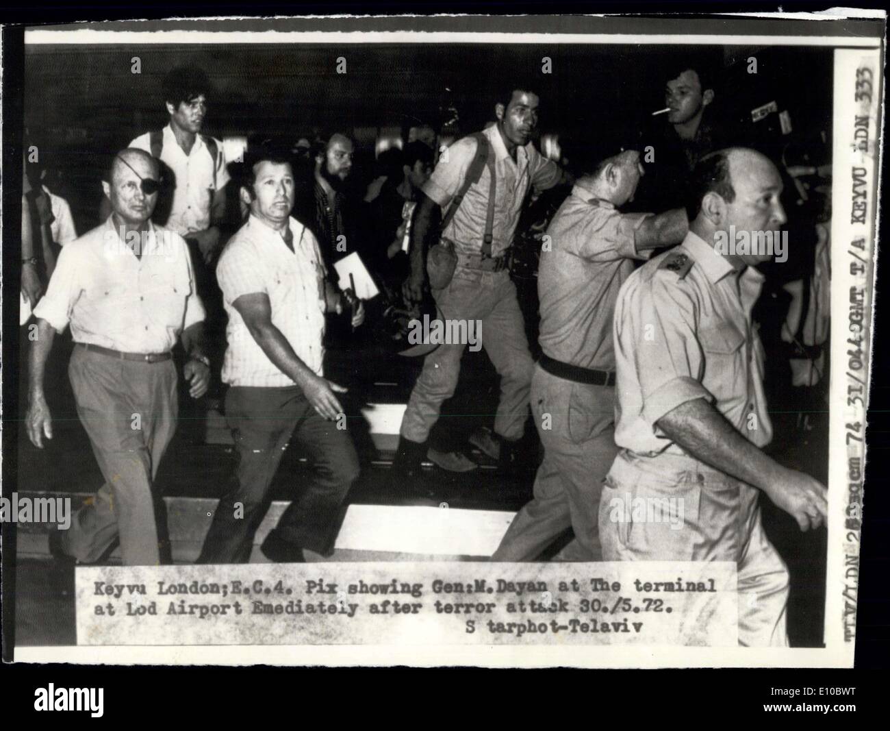 May 31, 1972 - 26 killed in Terrorist attack at tel Aviv Airport: 26 people were killed and many injured when three Japanese terrorists fired automatic rifles and threw hand grenades into the terminal at Lod Airport, Tel Aviv last night. Photo shows The Israel Defence Minister, Moshe Dayan (left), at the terminal at Lod Airport immediately after the terrorist attack. Stock Photo