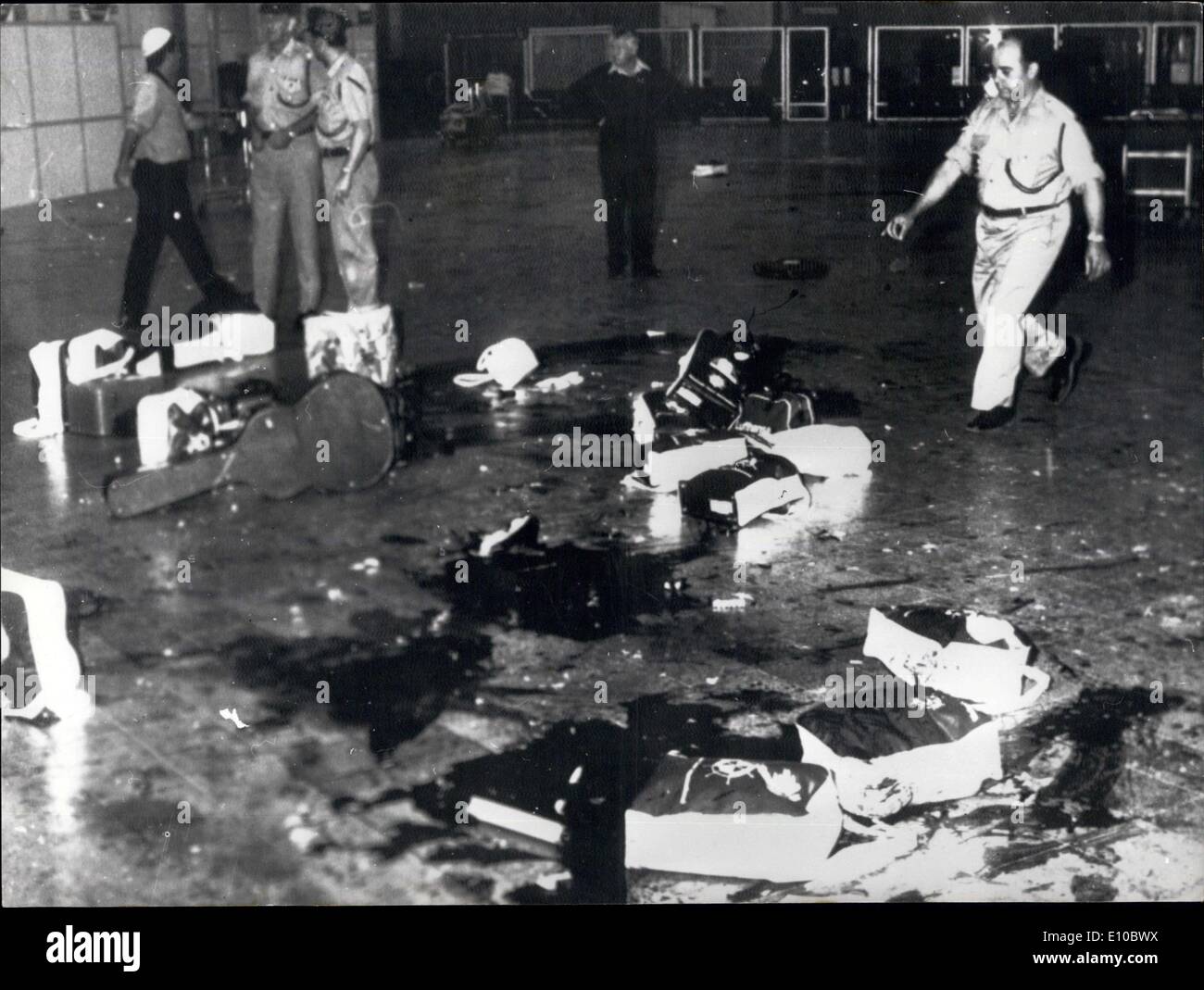 May 31, 1972 - 26 Killed In Terrorist Attack At Tel Aviv Airport: 26 people were killed and many injured when three Japanese terrorists automatic rifles and threw hand grenades in the terminal at Lod Airport, Tel Aviv, last night. Photo Shows Scene at the terminal at Lord Airport, Tel Aviv, after the terror attack. Stock Photo