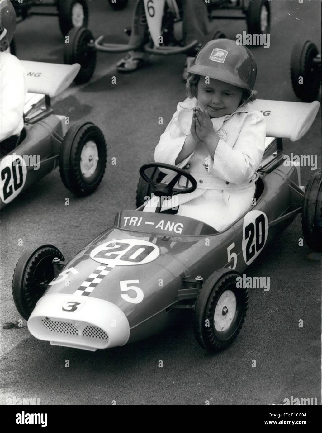 Jun. 06, 1972 - Budding Young Racing Drivers Compete In The ''Junior Grand Prix'' Championship At Crystal Palace The RAC's ''Junior Grand Prix'' finals took place when budding young racing drivers made their debut on the Crystal Palace's famous racing circuit. The Junior GP is open to boys and girls under the age of six. The young competitors race along a 75-yard straight in specially prepared racing cars - pedal power of course. The winner keeps the car - and the special crash helmet Stock Photo