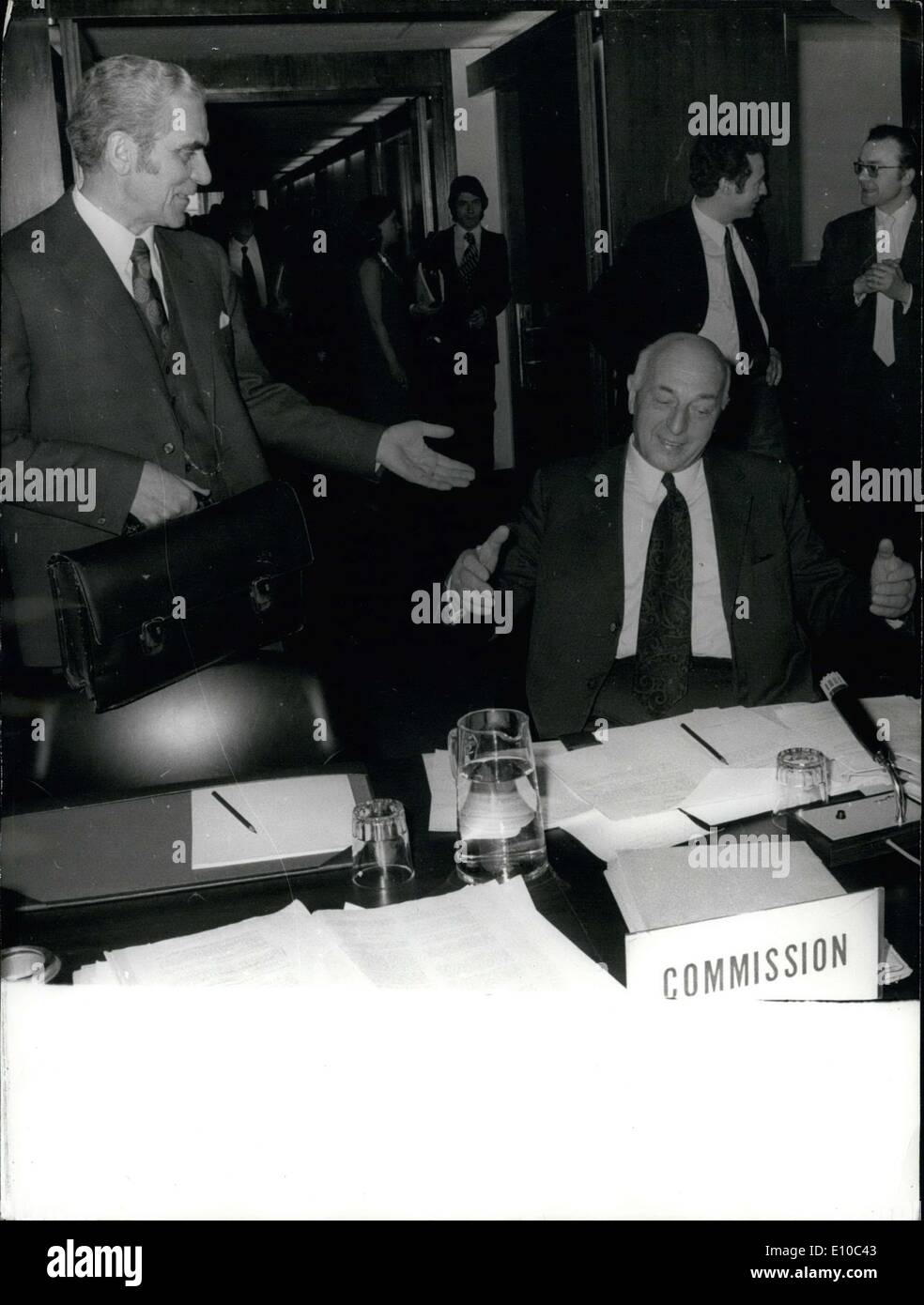 Mar. 23, 1972 - A compromise between Paris and Bonn was reached in Brussels last night regarding the differences that separate Germany's Minister of Agriculture, Mr. Ertl, and his French counterpart Michel Cointat. The compromise deals with changes that need to be made relative to progressive suppression of compensatory taxes on European agricultural exchanges. Sicco Mansholt, new President of the Consortium for Energy Efficiency (right) is pictured with Mr. Buescler, who is representing Luxembourg. Stock Photo
