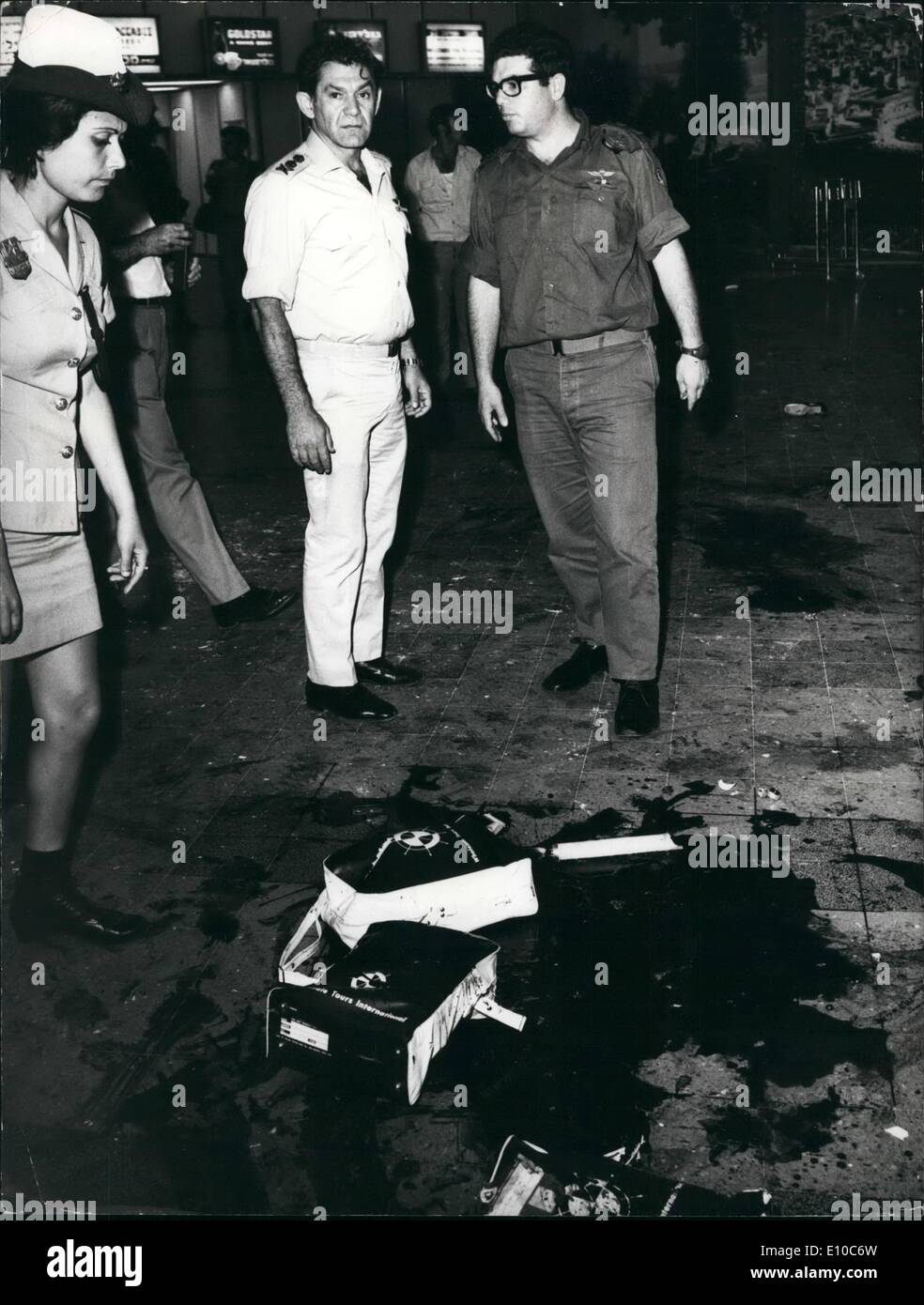 Jun. 06, 1972 - Terrorist attack ay Lydda Airport:This was the scene at Lydda Airport, Tel Aviv, after the attack by Japanese gunmen, in which 26 people were killed and many injured. Photo shows Rav Aluf David Elazar inspecting the damage at the airport. Stock Photo