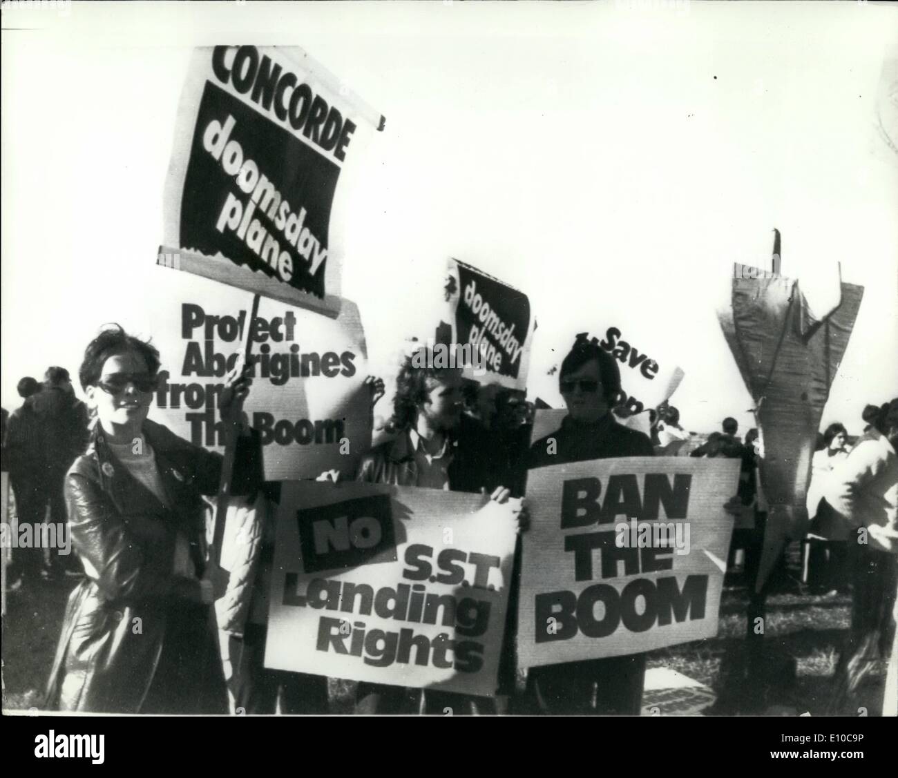 Jun. 06, 1972 - ''Ban the bomb'' demonstrators greet the Concorde on arrival at Sydney airport.: Photo shows some of the demonstrators with their various placards protesting against Britain's Concorde when it landed at Sydney airport today. Stock Photo