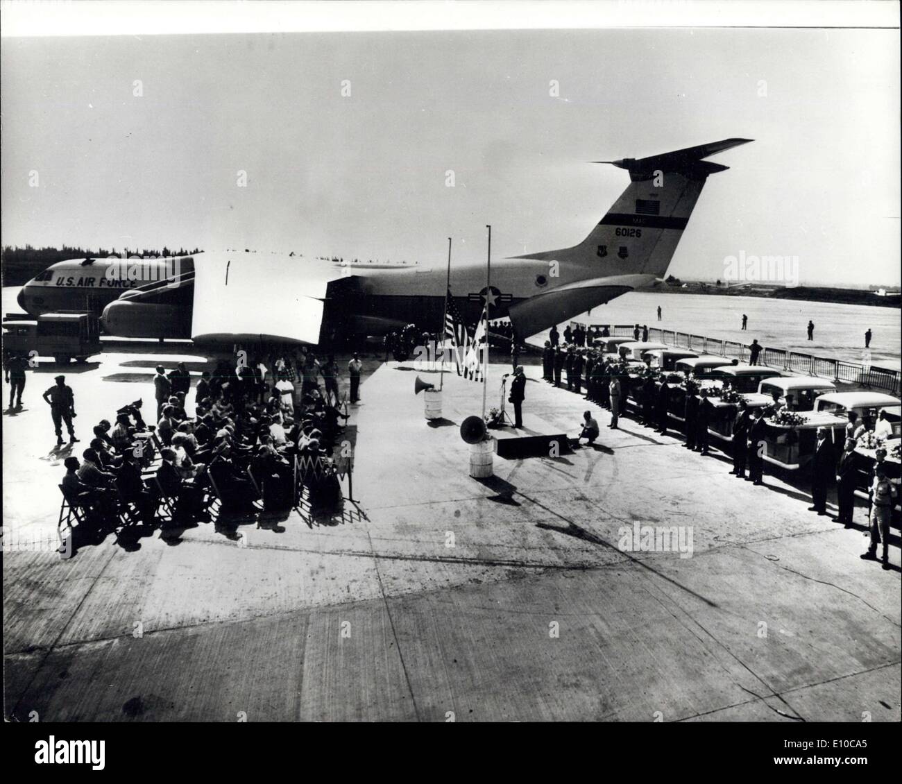 Jun. 07, 1972 - Victims of Tel Aviv Airport Attack Flown to Puerto Rico: This was the scene at Lod Airport, Tel Aviv, when 16 aluminium coffins containing the bodies of Pilgrim victims of the terrorists attack recently were taken to Puerto-Rico by a U.S. air Force C-141 Starlifter. Stock Photo