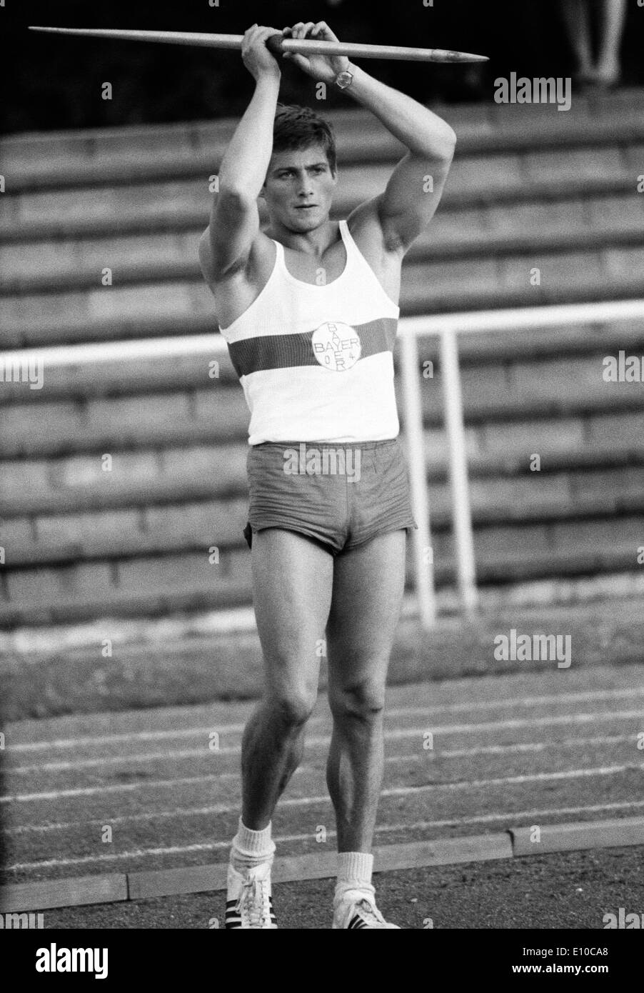 Sixties, black and white photo, sports, athletics, International Meeting in Athletics 1966 in Krefeld-Uerdingen, javelin throwing, men, javelin thrower of Bayer Leverkusen, D-Krefeld, D-Krefeld-Uerdingen, Lower Rhine, North Rhine-Westphalia Stock Photo