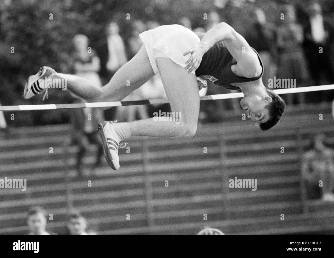 Sixties, black and white photo, sports, athletics, Western German Championships in Athletics 1966 in Leverkusen, high jump, men, high jumper, D-Leverkusen, North Rhine-Westphalia Stock Photo