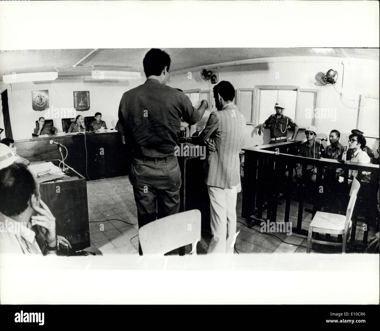 Jun. 26, 1972 - June 26th, 1972 Japanese Red Army terrorist in court. Kozo Okamoto, the Japanese Red Army terrorist, charged in connection with the massacre of 25 people and the injuring of 70 others at Lod Airport, Tel Aviv, made his first appearance at the military court at Lod. Photo Shows: The scene in the court at the beginning of the evidence of Jose Abner Munoz Vega, the Puerto Rican tour leader, who witnessed the murder of 16 of the group of the pilgrims at Lod Airport. Kozeo Okamoto can be seen at right (striped shirt and close-cropped hair) Stock Photo