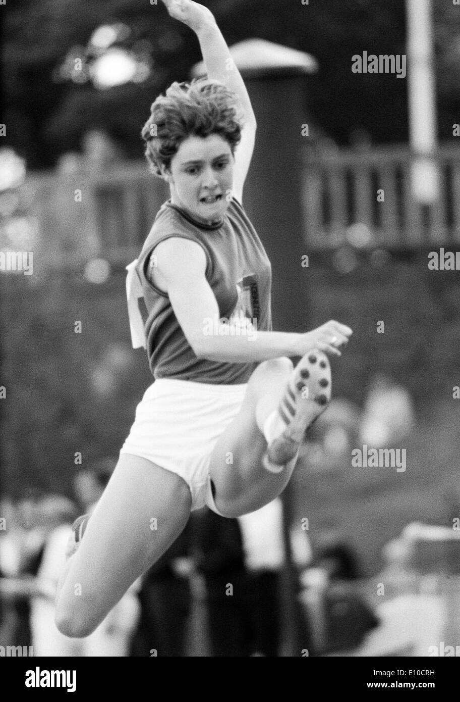 Sixties, black and white photo, sports, athletics, contests 1966 in Gladbeck in preparation for the European Championships in Budapest, long jump, women, longjumper, D-Gladbeck, Ruhr area, North Rhine-Westphalia Stock Photo