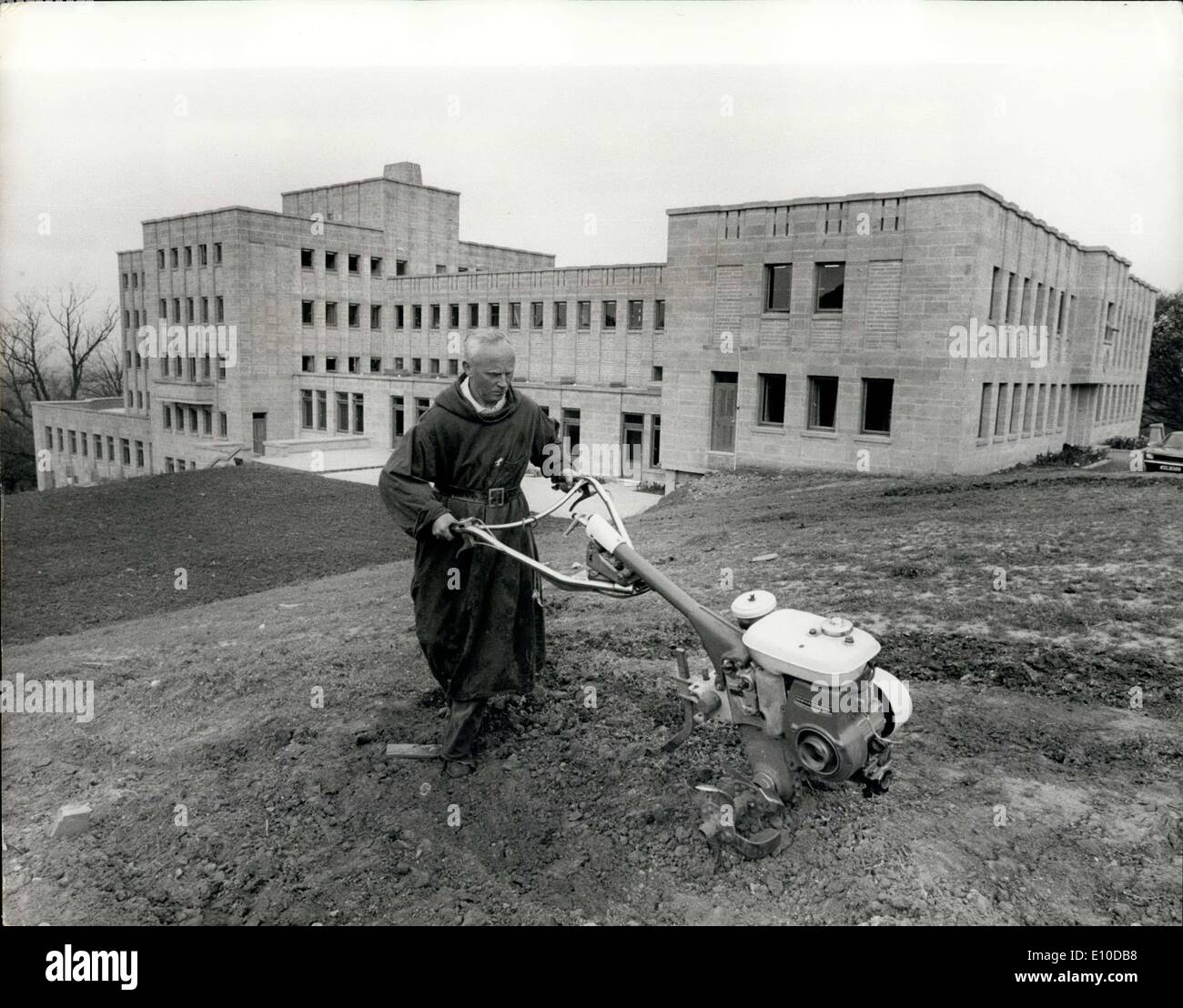 Apr. 27, 1972 - New ?500,000 Prinknash Abbey: A new ?500,000 monastery for the 37 Benedictine monks of Prinknash near Gloucester, which has central heating and electric shaver sockets in the cells, is to be consecrated next Wednesday. It replaces a Tudor mansion, a quarter of a mile away where the community has been living since 1928. All the cells have built in wardrobes, hand basins, beds and desks. Baths, showers and lavatories are provided for every four cells Stock Photo