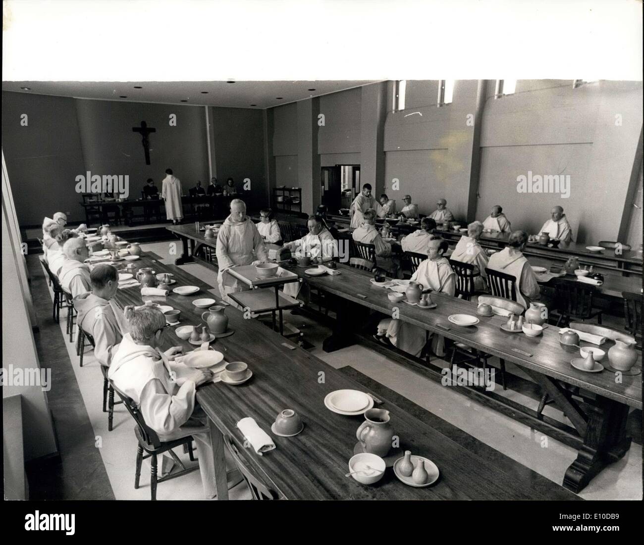 Apr. 27, 1972 - New ?500,000 Prinknash Abbey: A new ?500,000 monastery for the 37 Benedictine monks of Prinknash near Gloucester, which has central heating and electric shaver sockets in the cells, is to be consecrated next Wednesday. It replaces a Tudor mansion, a quarter of a mile away where the community has been living since 1928. All the cells have built in wardrobes, hand basins, beds and desks. Baths, showers and lavatories are provided for every four cells Stock Photo