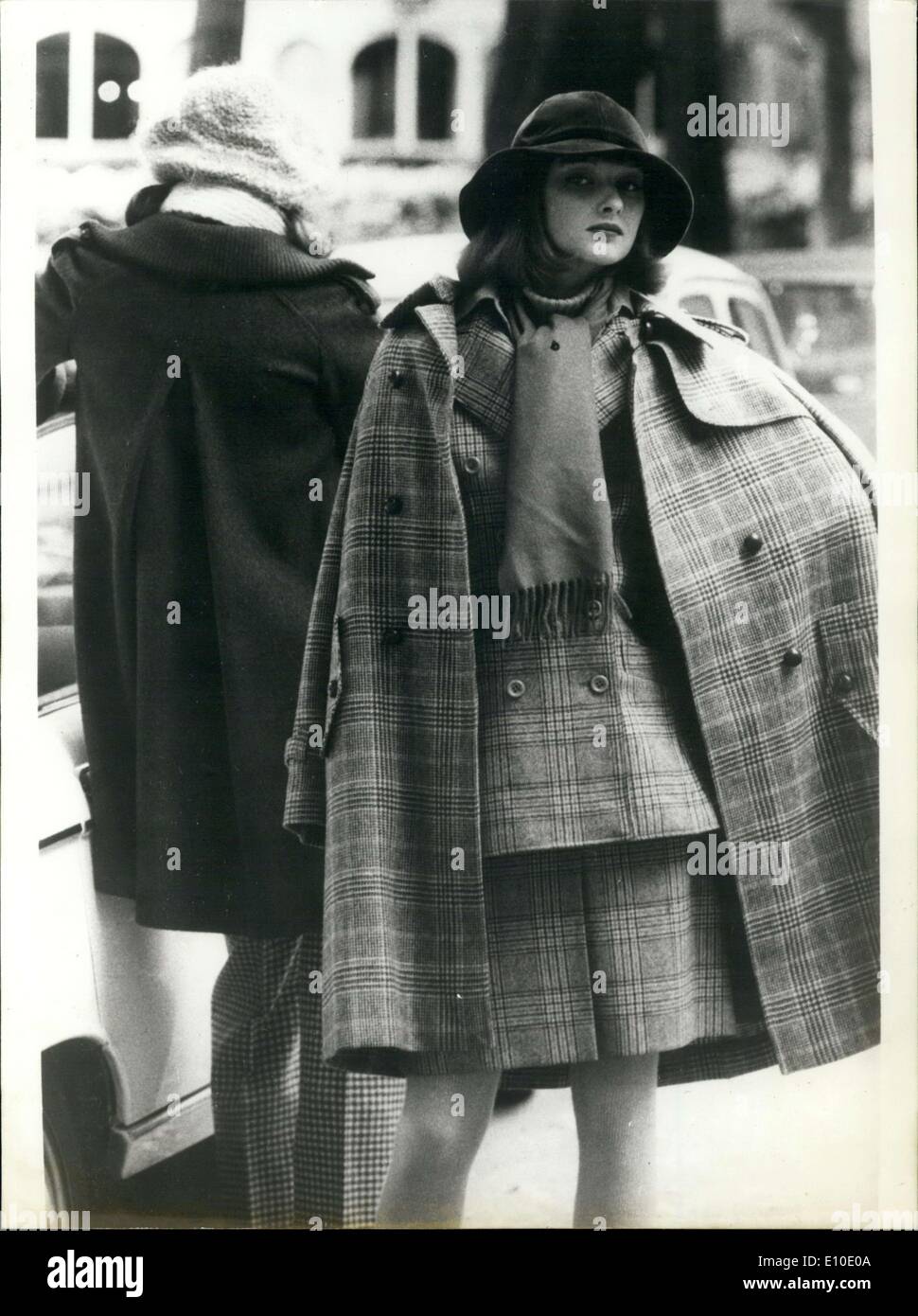 Aug. 04, 1972 - Paris Fashions: Left: ''Austrian Look'', a coat in green ''Loden'' (waterproof fabric) Right: ''English Look'', Stock Photo