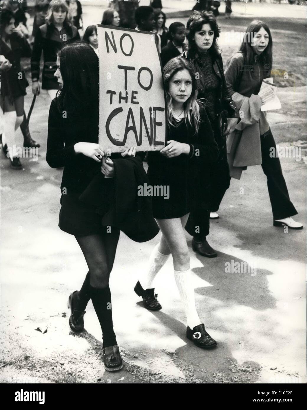 May 05, 1972 - Schoolchildren on a one day strike take part in Protest Demonstration outside County Hall.: The power-pupil schoolchildren called for a one-day strike today from about 70 London schools. The militants are demanding abolition of school uniform - a ban on caning and detention. Many of the schoolchildren gathered outside County hall Photo shows Two schoolchildren carrying a banner bearing the words ''No to the Cane'' in Hyde Park today. Stock Photo