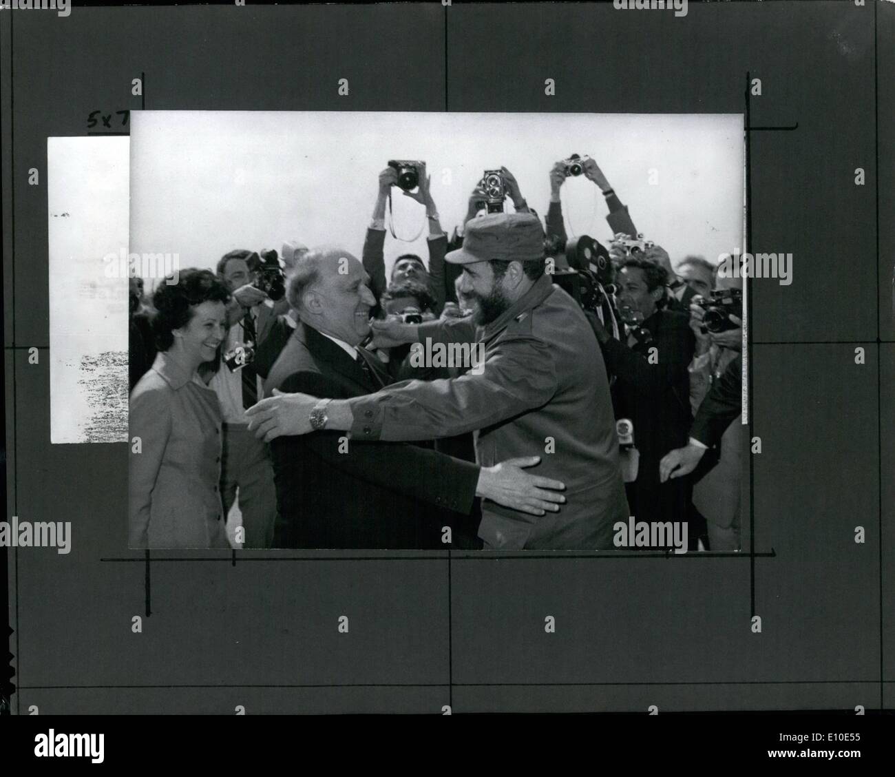 May 05, 1972 - The Cuban party and government delegation, headed by Major Fidel Castro, Prime Minister of the Revolutionary Government and First Secretary of the Cuban Communist Party , arrived in Sofia. Photo shows Tedor Zhivkov, First secretary of the Central Committee of the State of Bulgaria embraces Major Fidel Castro on his arrival at Sofia airport. Stock Photo