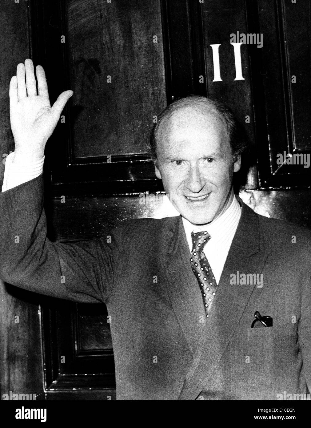 May 11, 1972; London, UK; The Chancellor of the Exchequer, Mr. ANTHONY BARBER, gives a wave as he left No. 11 Downing Street this afternoon for the House of Commons where he was to announce his plans for cuts in Governement expenditure. Stock Photo