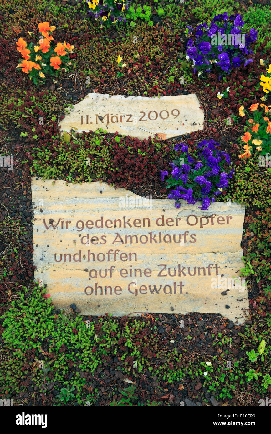 justice, criminality, capital crime, murder, shooting spree on 11 March 2009 in the Albertville Middle School of Winnenden and in Wendlingen am Neckar, Baden-Wuerttemberg, commemorative plaque to the 16 fatalities Stock Photo