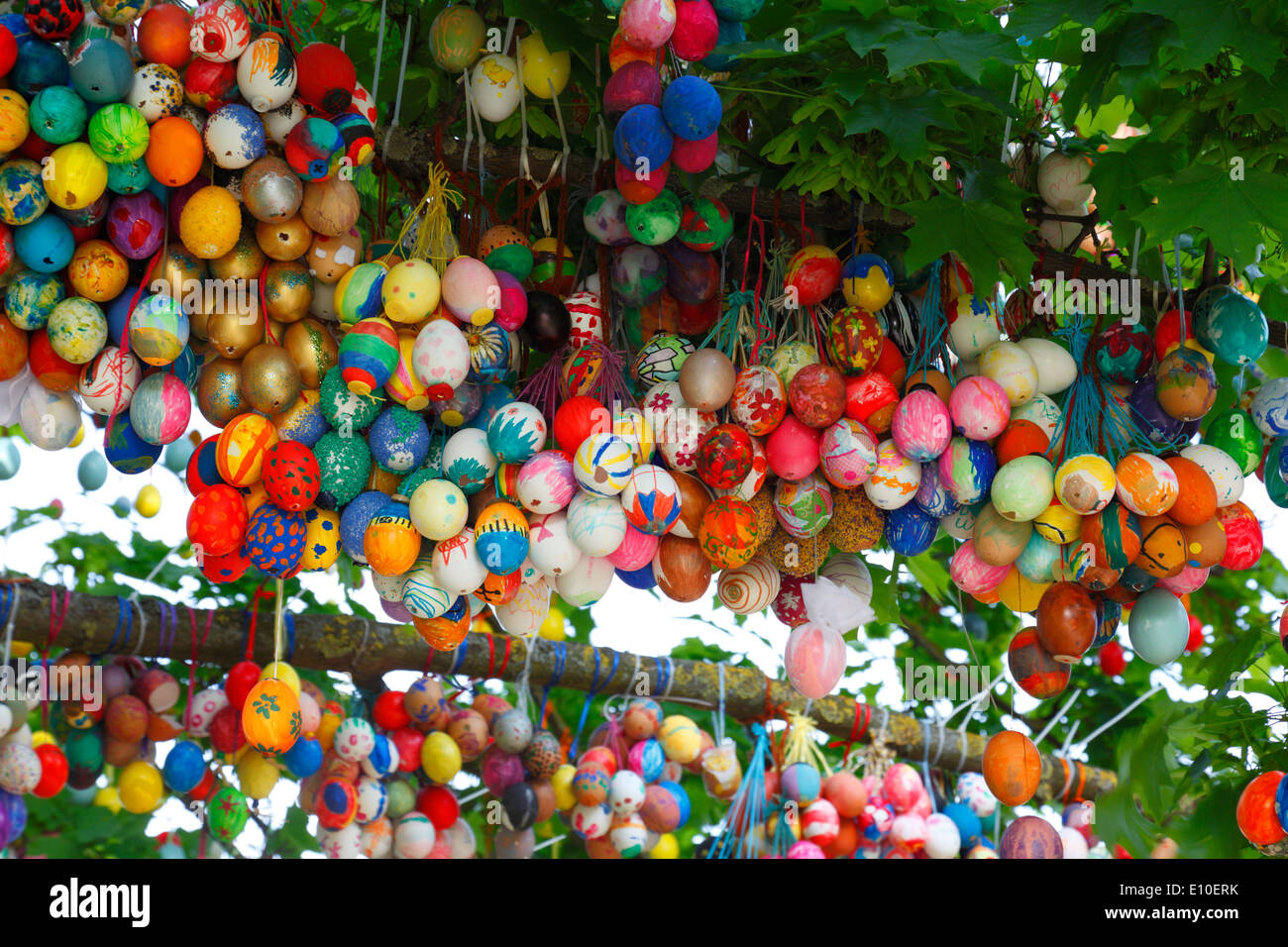 festive season, annual festivals, Easter, Easter customs, painted eggs at a tree in the castle gardens of the residence castle of Ludwigsburg in Baden-Wuerttemberg Stock Photo