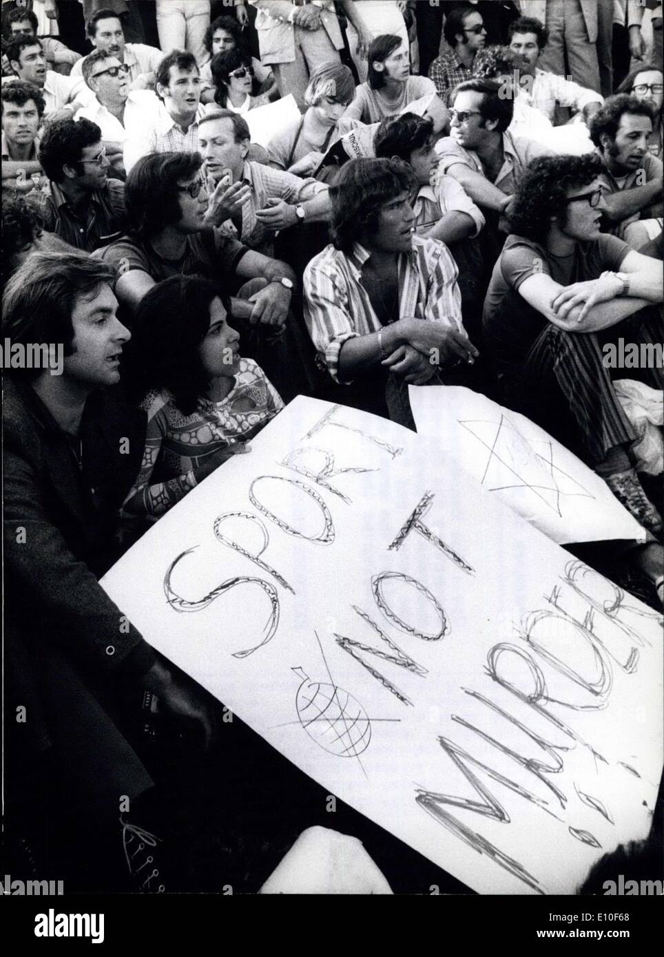 Sep. 06, 1972 - Massacre In Munich Ops:- The demonstration taking place after the attempt at the Oberwiesenfeld in Munich. Hundreds of people demanded on posters ''Stop the Games'' and ''Sport not Murder'' protesting against the cruel crimes which has abruptly interrupted the games. Stock Photo