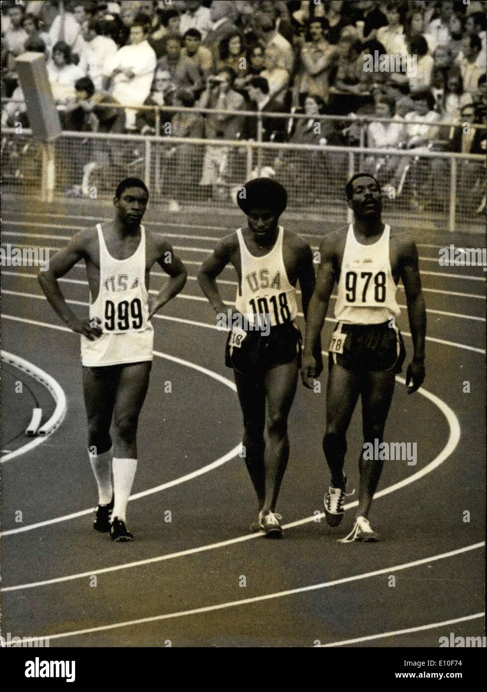Sep. 08, 1972 - After Vincent Matthews won the 400 meter race in front Wayne Collet, the two athletes illicited a liely reaction from the public. On the podium, during America's national anthem, they turned their backs and talked. The crowd booed them as they left the podium. From left to right, after the race, Vincent Matthews (1st), Smith, and Collett (2nd) Stock Photo
