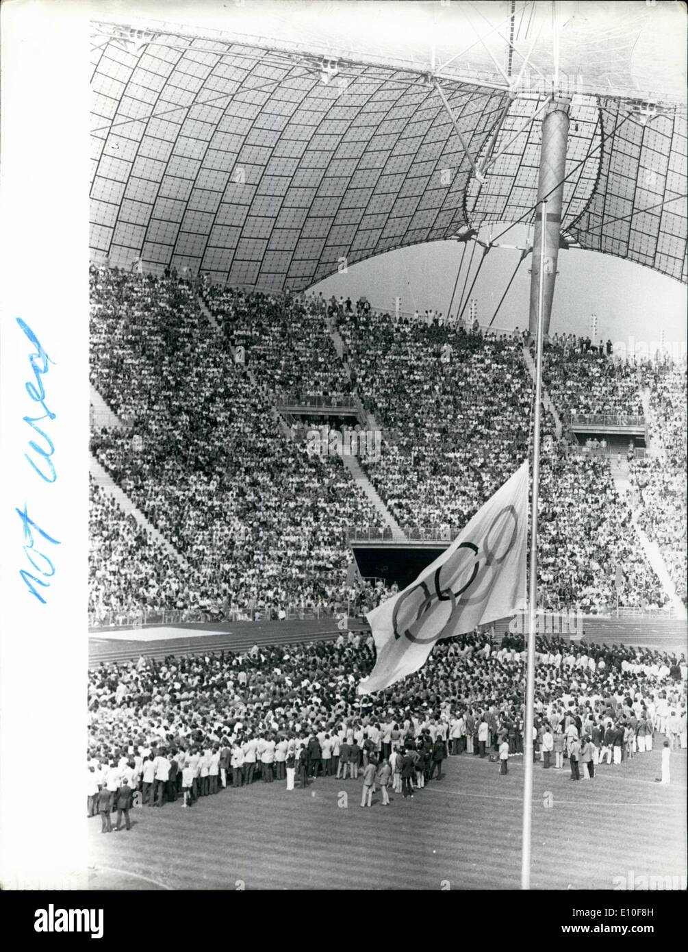 Sep. 09, 1972 - Memorial Service to dead Israel athletes.: A memorial service was held in the Olympic Arena in Munich to the Israeli athlete hostages who died in the Munich massacre. Photo shows the scene during the service in the Munich Olympic Arena, showing the Olympic flag at half- mast. Stock Photo