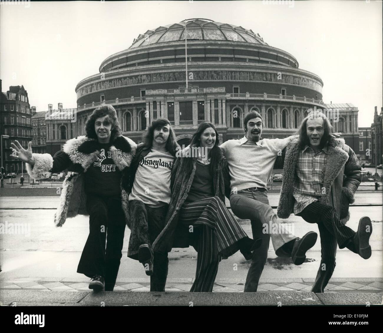 Jan. 01, 1973 - Steeleye Span Group To Give Albert Hall Concert: The British folk group Steeleye Span, just returned from a successful American tour - are to give a concert tonight at the Royal Albert Hall - the last in the ''Fanfare for Europe'' series. Photo shows The Steeleye Span folk group outside the Albert Hall today. (L to R) : Bob Johnson; Tim Hart; Maddy Prior; Peter Knight and Rick Kemp. Stock Photo