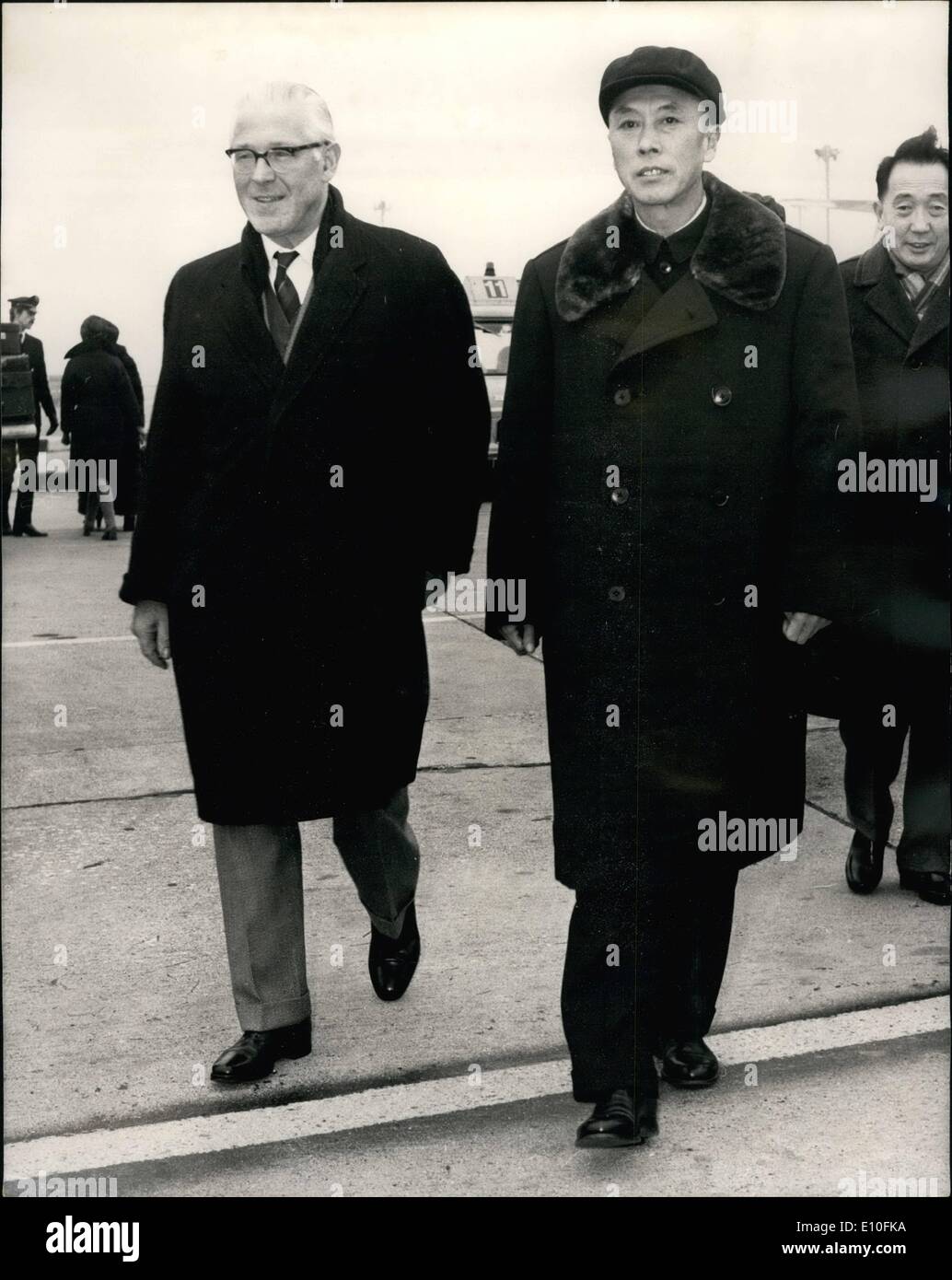 Jan. 01, 1973 - Chinese Trade delegation arrive in London: A Chinese trade delegation, led by the Minister of Foreign Trade, Mr. Pai Hsiang-Kuo, arrived by air at Heathrow Airport today for a five day visit. They will meet Government Ministers and visit factories, aircraft and transport works. Photo shows Mr. Pai Hsiang-Kuo is seen with Lord Drumalbyn who met the delegation on their arrival at Heathrow today. Stock Photo