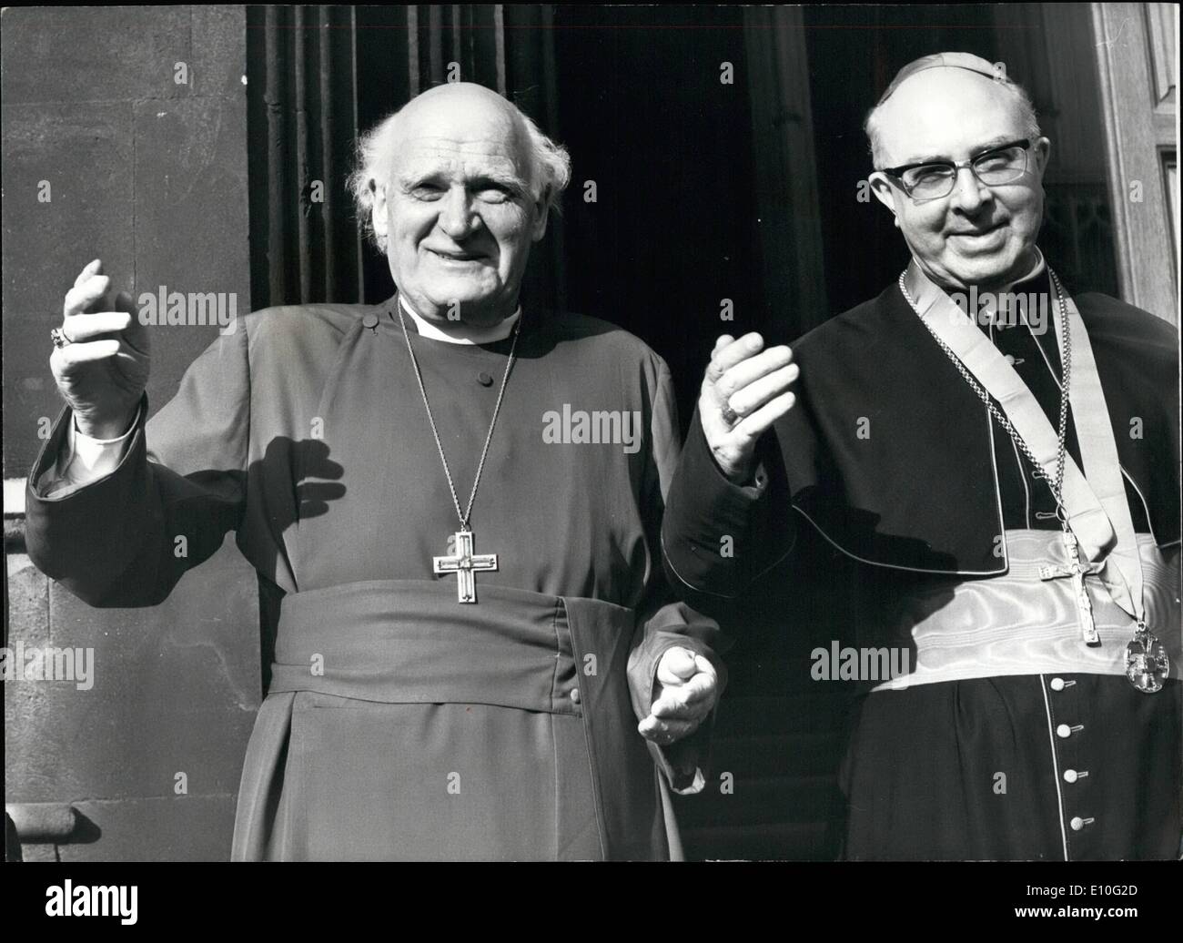 Oct. 10, 1972 - Cardinal Willebrands is guest of archbishop of Canterbury. Cardinal Jan Willebrands, president of the Vatican secretariat for promoting christian unity, has arrived in London and will be the guest for three days of the archbishop of Canterbury, Dr Ramsey, at lambeth palace. Tomorrow, the Cardinal will be the first Roman catholic since the reformation to celebrate mass in lambeth palace chapel, which he will do in the presence of Dr. Ramsey. photo shows The archbishop of Canterbury (Dr. Ramsey), on left), pictured with Cardinal Jan willebrands, at lambeth palace today. Stock Photo