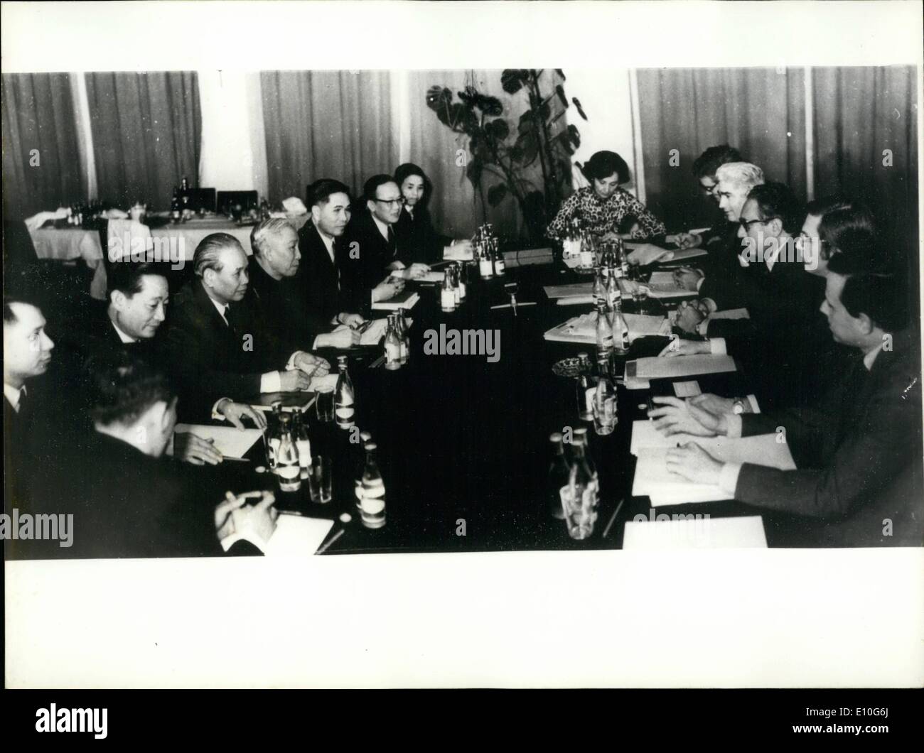 Jan. 01, 1973 - First Picture of Secret Talks Between American and North Vietnam's Delegates: On Right the American Delegates (From right to left): George Aldrich, Winston Lord, Henry Kissinger, William Sullivan, Peter Rodman on Left: Le Duc Tho facing Mr. Kissinger with Xuan Thy (left) and Nguyen Co Thach, Deputy Foreign Minister. Stock Photo