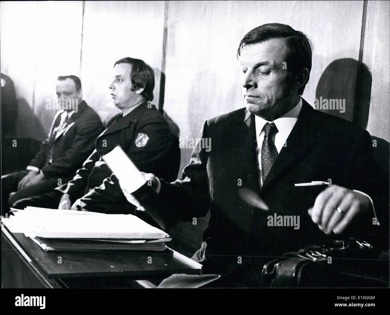 Jan. 01, 1973 - Legal proceedings against the Albrecht kidnappers have begun. The trial of the former attorney Heinz Joachim Ollenburg (47) and the 40 years old Paul Kron has begun before the superior Court in Essen (West Germany). At the end of November 1971 they kidnapped millionaire Theo Albrect. He was held in a room next door to Ollenburg's attorney practise in Dusseldorf for 17 days. After the ransom of 7 million marks was paid, he was set free. Only half of this money has been recovered so far. OPS: Heinz Joachim Ollenburg (right) and Paul Kron (on the left side) in the dock. Stock Photo