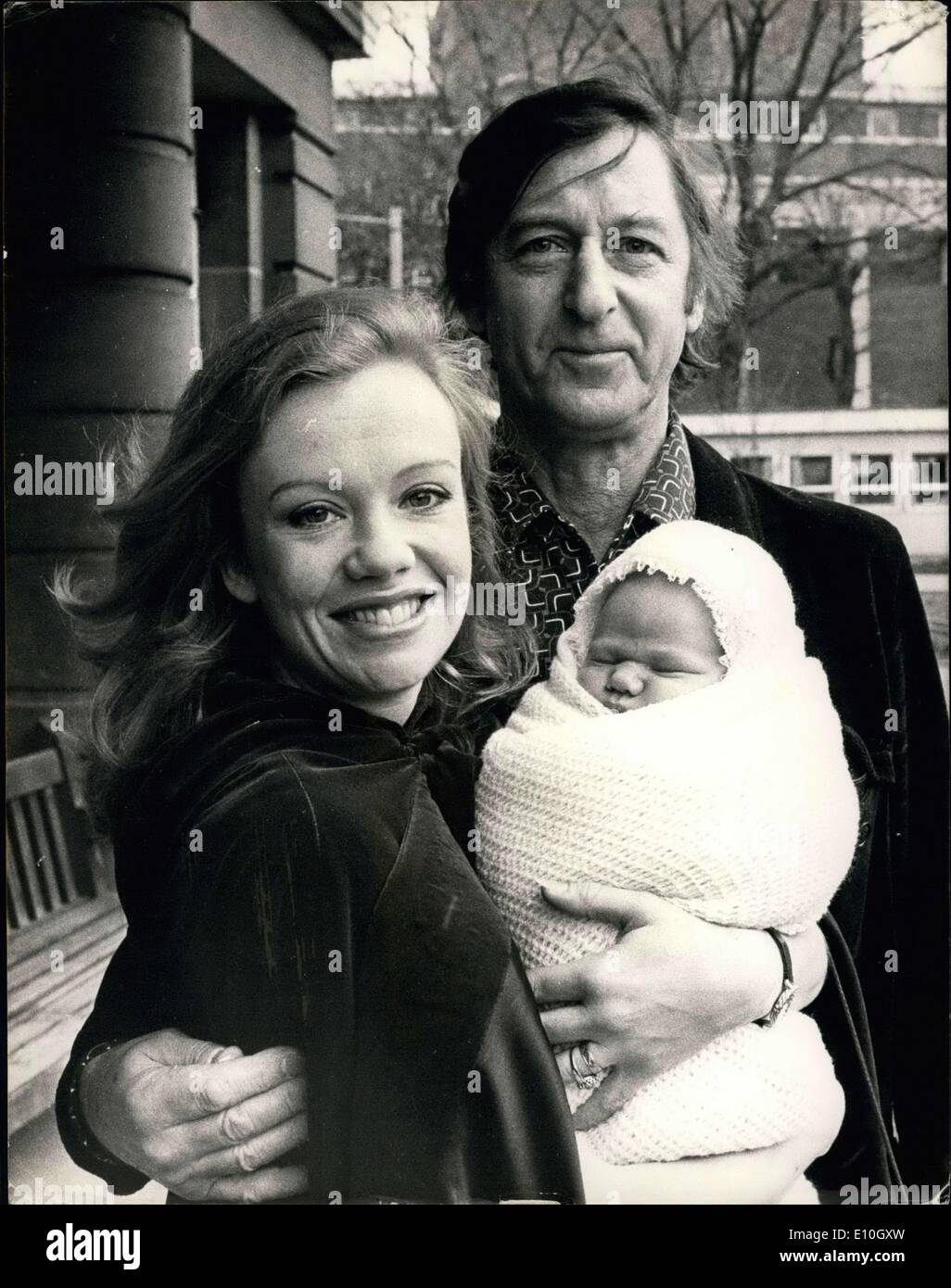 Jan. 29, 1973 - Hayley Takes Her Baby Home: Film producer Roy Boulting, 59, with his wife, actress Haley Mills, 26, and their week-old son. Cristian John David, leaving Queen Charlotte's hospital, Hammersmith, yesterday for their home in Chelsea. Stock Photo