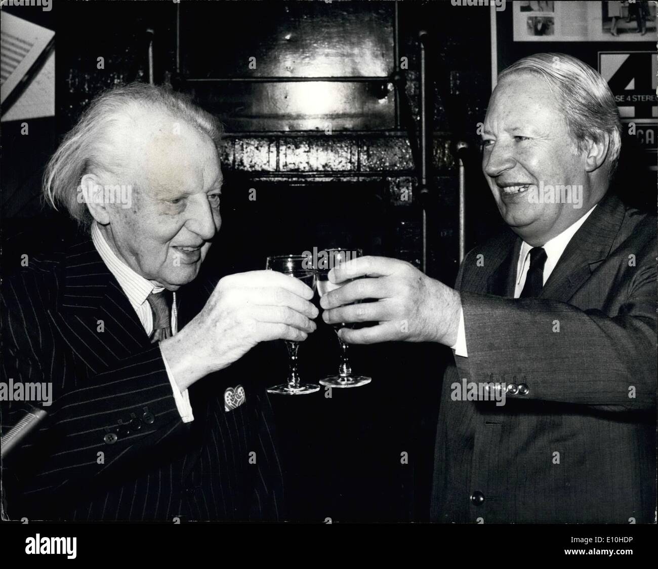 Feb. 02, 1973 - Leopold Stokowski At Reception A Champagne reception was held on the concert platform of the Royal Albert Hall for Leopold Stokowski to mark the release of his 60th Anniversary recordings commemorating sixty years association with the London Symphony Orchestra. Photo Shows:- Leopold Stokowski toasts the success of his new recording with the Prime Minister, Mr. Heath, at reception. Stock Photo