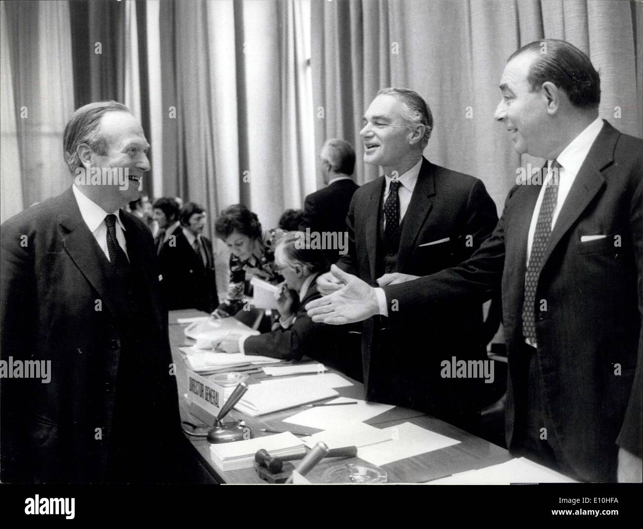 Nov. 14, 1972 - 26th Gatt-Session Closed: The General Agreement on Tariffs and Trade (GATT) closed Tuesday its 26th regular session after two weeks of intense negotiating work. Photo shows Swiss delegate, ambassador Jolles (left) takes leave of the president of the Gatt, Olivier Long, and the session's chairman, the Italian Smoquina (f.l.t.r.) at the Gatt-hall in Geneva. Stock Photo