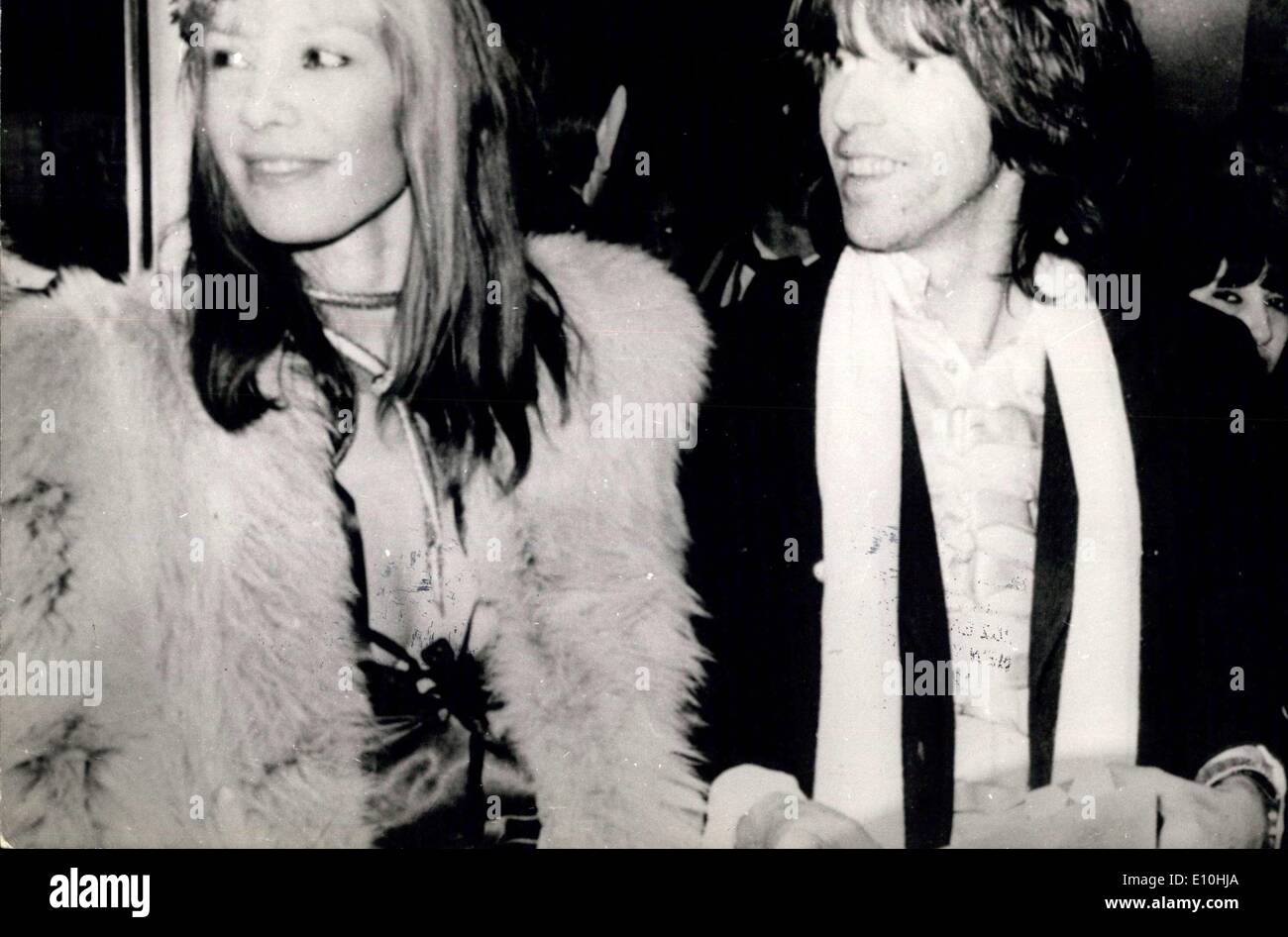 Dec. 06, 1972 - Police Hunt For Rolling Stone Keith Richard. Rolling Stone Keith Richard is being sought by French police in connection with alleged drugs offences. Warrants for the arrest of Richard and his girl friend, actress Anita Pallenberg, were issued by a magistrate in Nice. Mick Jagger and the other three members of the Rolling Stones have been charged with illegal use of heroin and other narcotics, police said in Nice. Photo Shows: Rolling Stone Keith Richard pictured with Anita Pallenberg. Stock Photo
