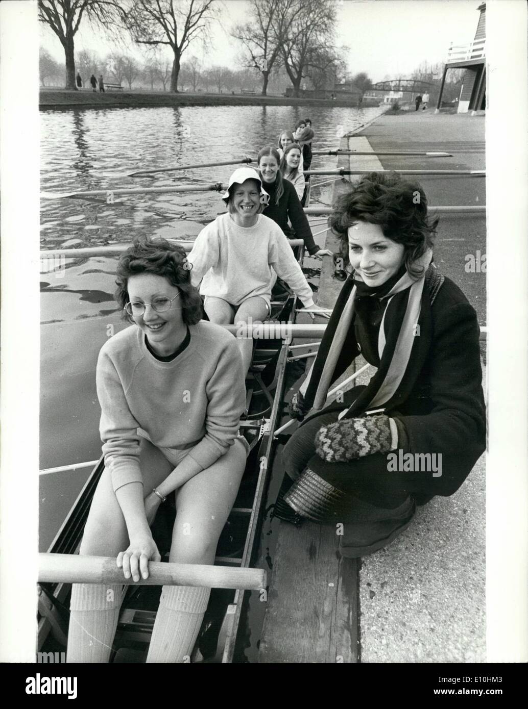 Feb. 02, 1973 - Ladies crew on the cam. on the river cam, cox Laura smith  talks to the Cambridge university ladies Rowing club crew as they practice  for their Rae against