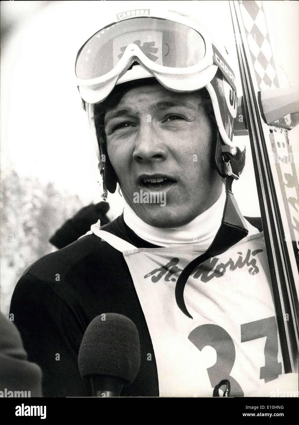Feb. 12, 1973 - General Rehearsal In St. Moritz: Photo shows Unexpected winner of the downhill race in St. Moritz, last downhill competition counting for the World Cup, is Austrian Werner Grismann, here interviewed after his triumph. World-champion and Olympic champion Bernhard Russi, best time in the non-stop training, only on place 27! Stock Photo