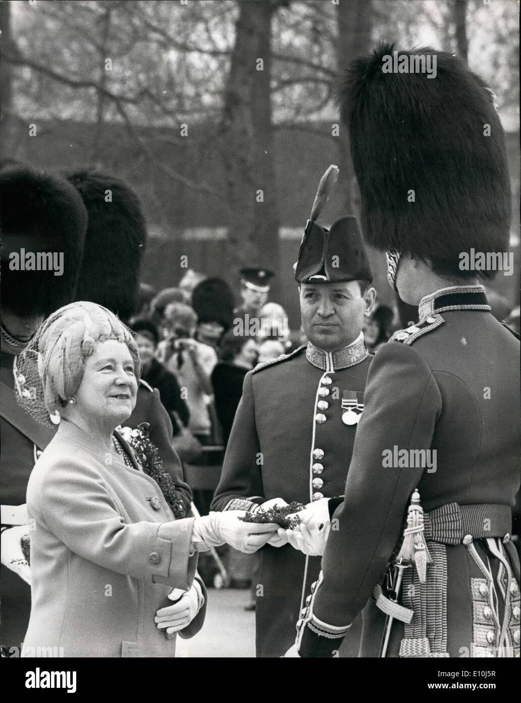 Mar. 03, 1973 - Queen Mother presents Shamrock to Irish Guards UN St. Patrick's day; Today is St. Patrick's Day, and Queen Elizabeth the Queen Mother visited the Irish Guards at Alexander Barracks, Pirbright to distribute Shamrock. Photo Shows Queen Elizabeth the Queen Mother handing out Shamrock, at Pirbright today. Stock Photo