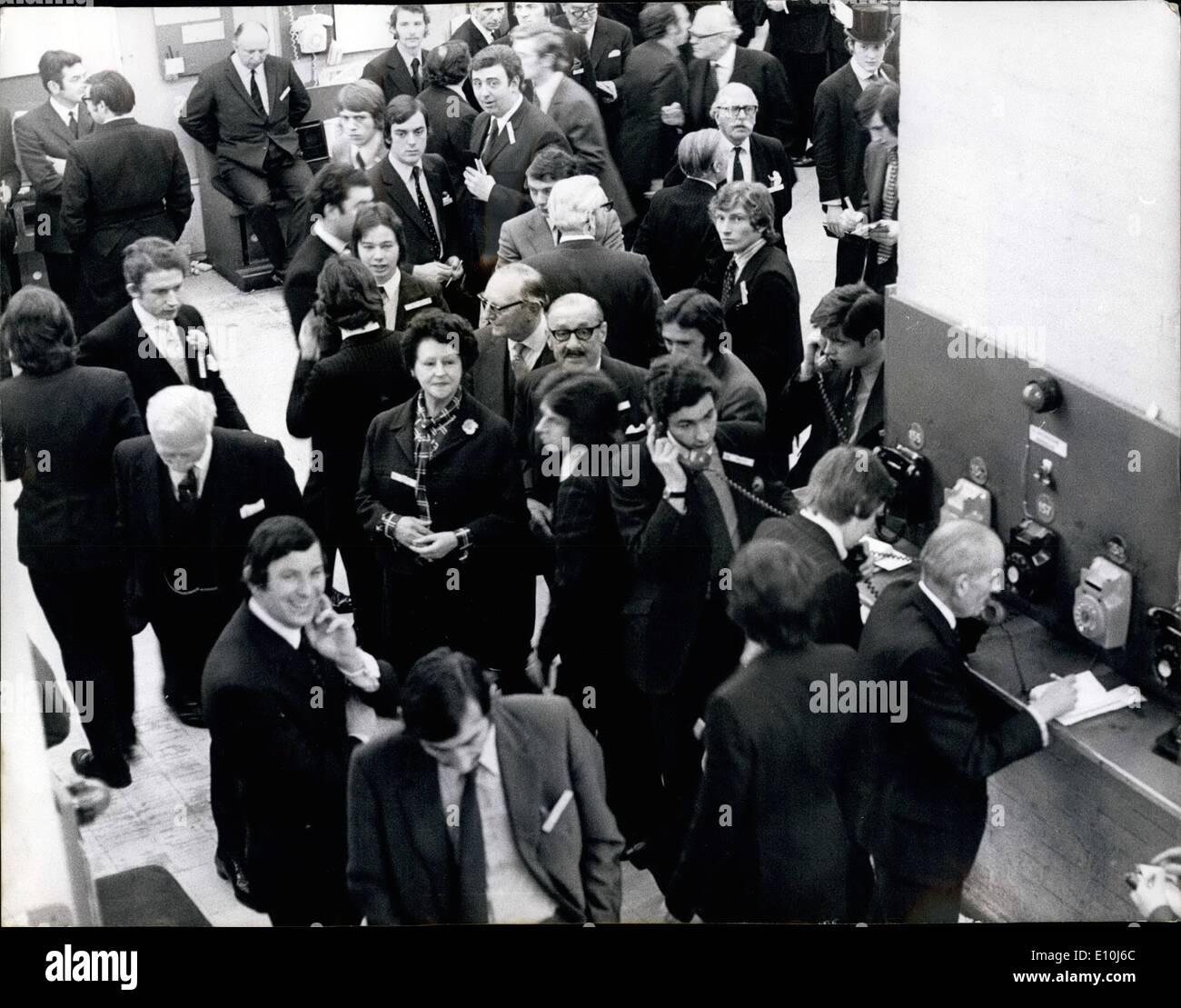 Mar. 03, 1973 - First Women take the floor at the Stock Exchange: For the first time since the Stock Exchange opened in 1802, women were yesterday admitted to the Exchange floor during trading hours. Photo shows Mrs. Muriel Wood, who led the campaign for the admittance of women to the floor of the Stock Exchange, pictured yesterday surrounded by male colleagues, when she and five other women made their first appearance there. Stock Photo