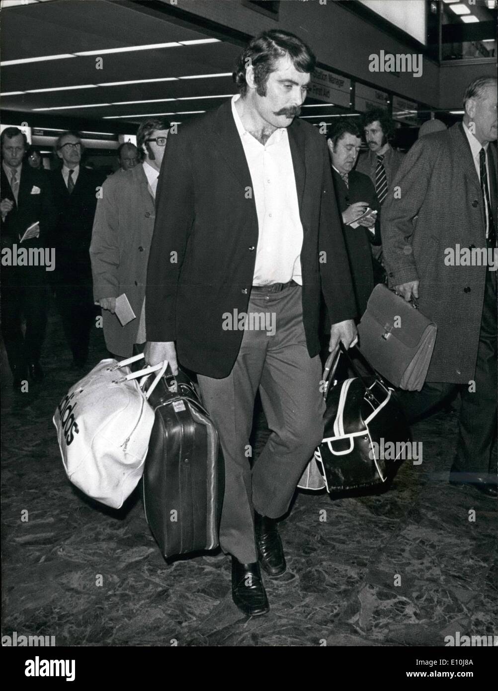 Dec. 12, 1972 - Keith Murdoch, The All Blacks Forward is Sent Home - Keith Murdoch, the 17-Stone All Blacks Prop forward, was sent home to New Zealand last night, because of an incident at a Cardiff hotel where the team was celebrating its win over Wales. A Security guard said Murdoch gave him a black eye. Photo Shows: Keith Murdoch, the All Blacks Prop Forward, arrving at Euston Station from Biringham, on his way home to New Zealand. Stock Photo