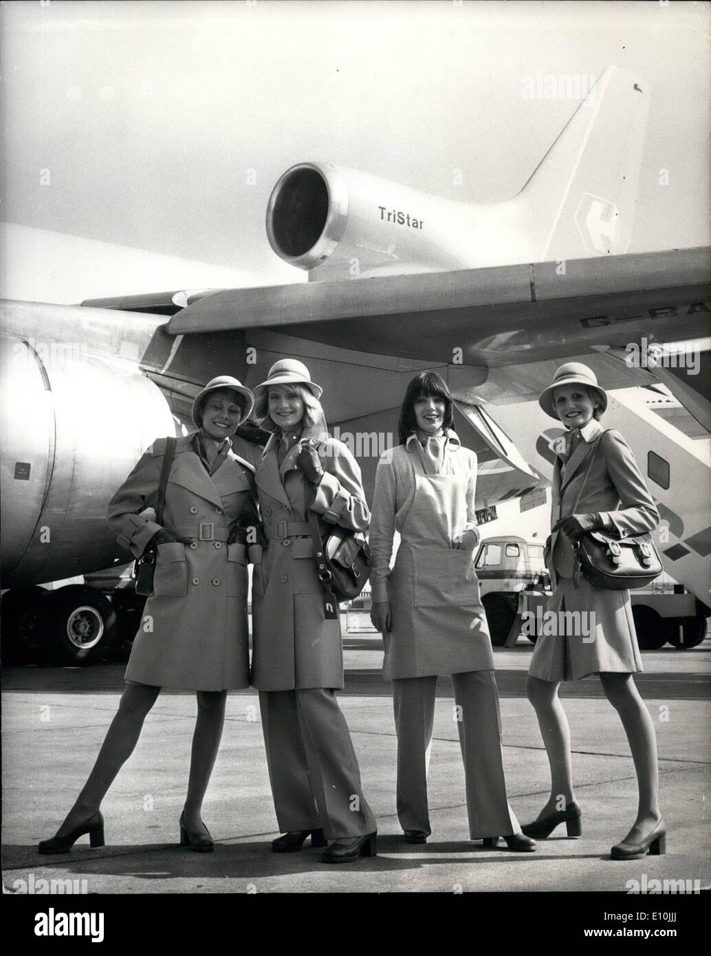 Mar. 03, 1973 - Court Line Introduces new uniforms designed by Mary Quant: New stewardesses uniforms for Court Line Aviation, Britain's biggest holiday airline, were shown for the first time today at Luton Airport. They have been designed by Mary Quant and are being introduced to coincide with the entry into service of Court Line's new Lockheed Tristar fleet at the beginning of next month. The fashion show took place on board 'Halcyon Days', the first of two TriStars ordered by the airline Stock Photo