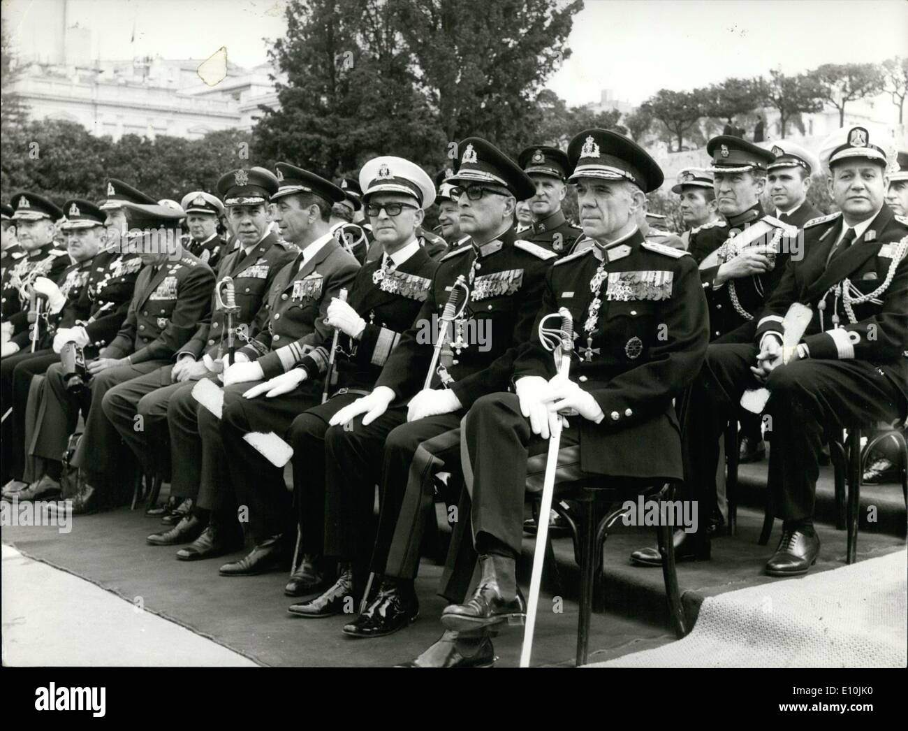 Mar. 03, 1973 - Greece's Armed Force Leaders seen watching the big military parade, on the occasion of the march 25th National Holiday. First now from right to left: General Democratic Zagorianakos, Chief of the Arny, Vice Admiral Constantine Margharitis, Chief of the Navy, Lieutenant General Thomas Mitsanas, Chief of the Air Force US Major General Charles W. Ryder, Jr. Commander of the John United States Military Group To Greece and other officials. Fyi - No. 3 - Incorrectly Identified: (Right to Left) 1. Angelis, Odysseus - Cmdr. Hellenic Armed Forces. 2. Zagosrianakos, Simitrics - Cmdr Stock Photo