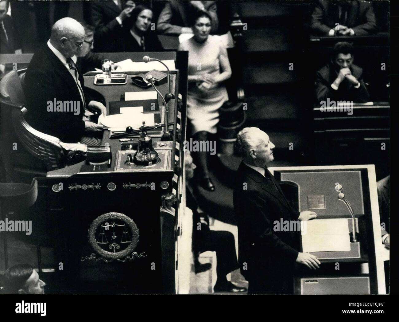Apr. 11, 1973 - Prime Minister Pierre Messmer is pictured giving a speech. President of the National Assembly, Edgar Faure is sitting above him. Stock Photo