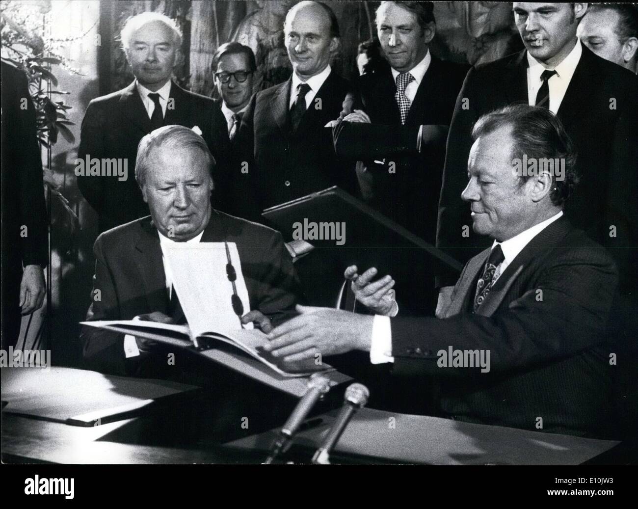 Mar. 03, 1973 - Britain's Prime Minister Mr. Heath and the West German Chancellor Herr Brandt are pictured in Bonn during Mr. Heath's recent visit, when they signed an agreement setting up an Anglo-German foundation to study industrial society and its problems. Stock Photo